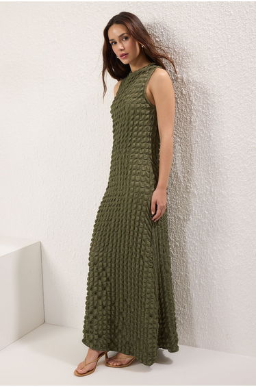 Khaki Plain Textured A Cut/Bell Form Crew Neck Textured Maxi Dress