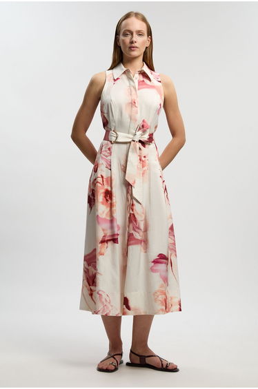 Premium Viscose Linen Floral Top Stitch Halter Neck Woven Midi Dress With D Ring Detail
