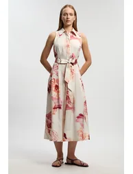 Premium Viscose Linen Floral Top Stitch Halter Neck Woven Midi Dress With D Ring Detail