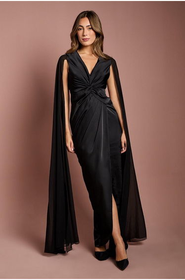 Satin Cape Sleeve Maxi Dress