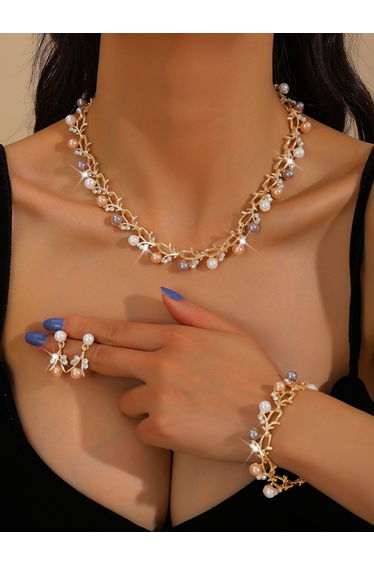 3-Piece Embellished Faux Pearl Necklace, Bracelet and Earrings Jewelry Set