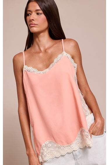 Peach Woven Lace Trim Detail Strappy Cami Top