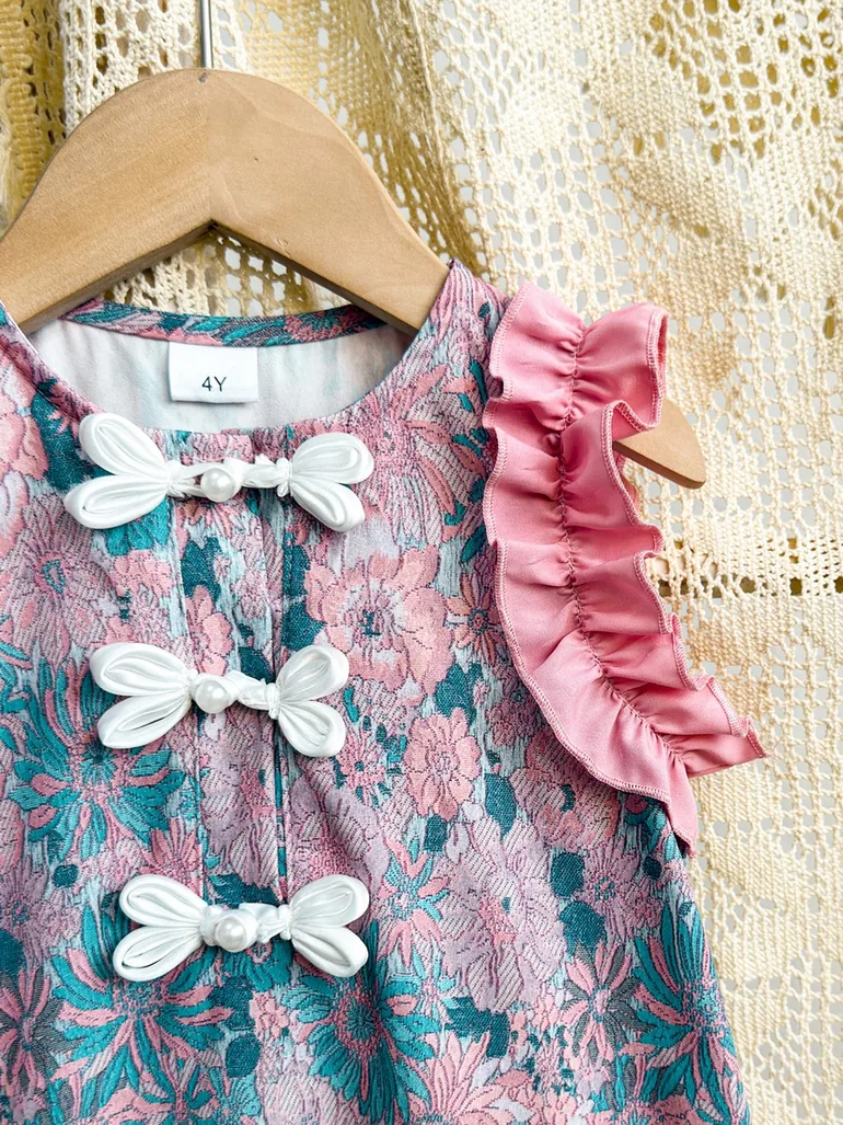 Girls Floral Print Sleeveless Ruffled Detail Dress - 3