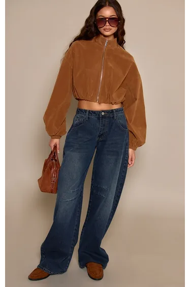 Caramel Faux Suede Cropped Bomber Jacket