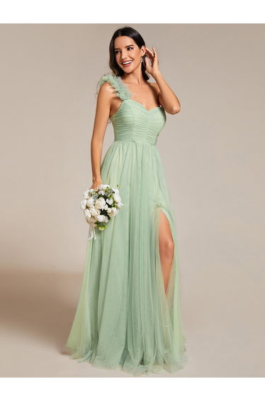 ever CLOE|Sweetheart Neckline One Shoulder with Floral Tulle High Slit Bridesmaid Dress