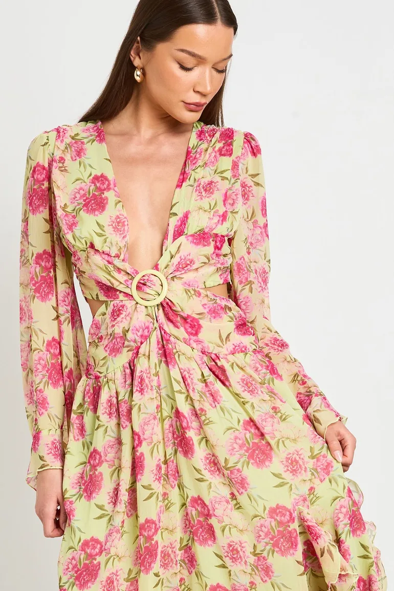 floor sweeping maxi dresses Chiffon Floral Plunge Front Floor Sweeping Maxi Dress