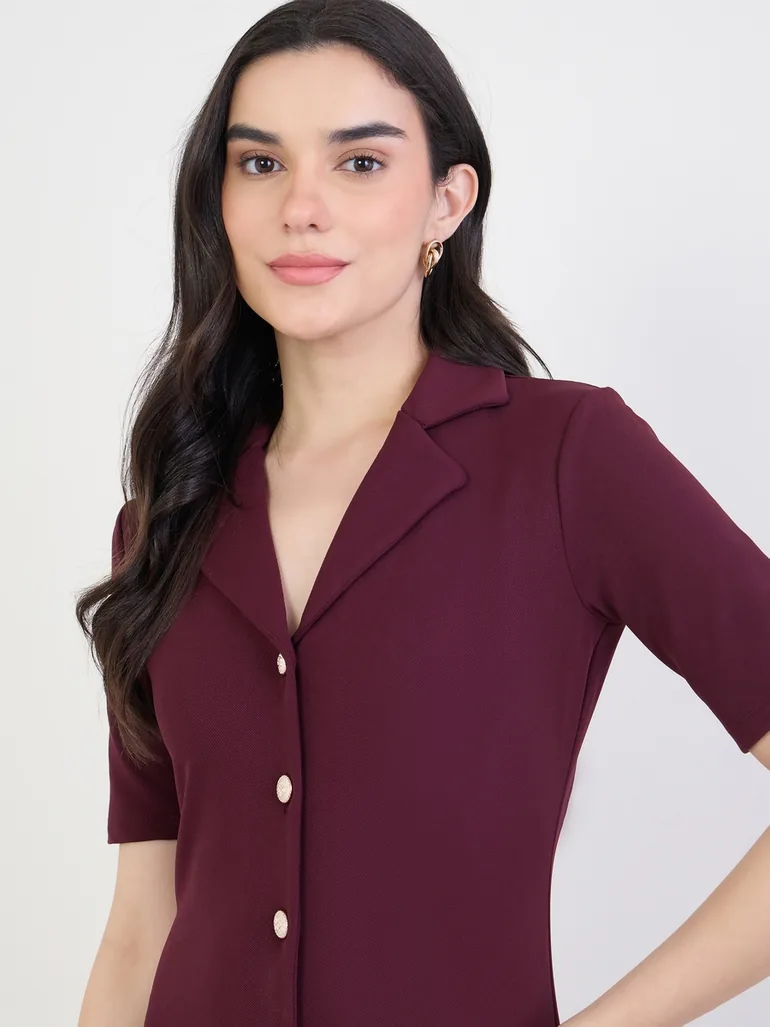 Women Burgundy Maxi Dress with Buttons - 3