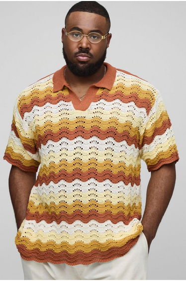 Plus Wave Crochet Relaxed Fit Polo Shirt - rust