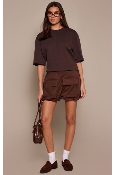 Chocolate Woven Utility Puffball Mini Skirt