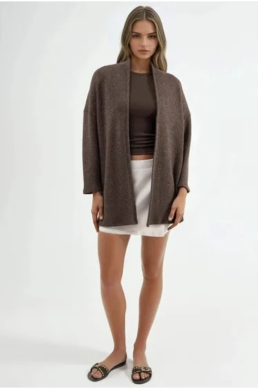 كارديغان بني محبوك بأكمام طويلة