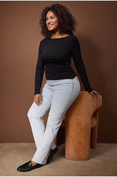 Black plain fitted/body-fitting gathered detailed stretch knit blouse