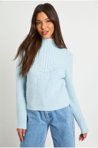 Chunky Pointelle Knitted High Neck Crop Jumper - baby blue