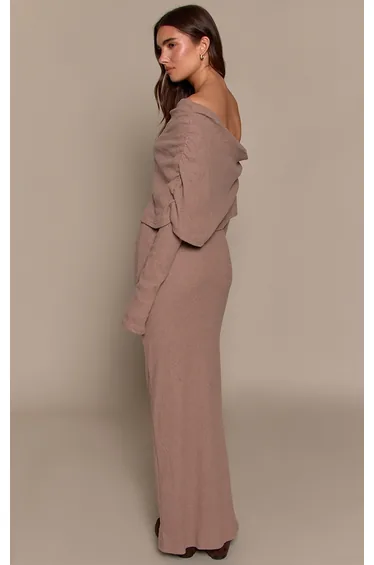 Taupe Ribbed Bardot Oversized Fold Over Maxi Dress