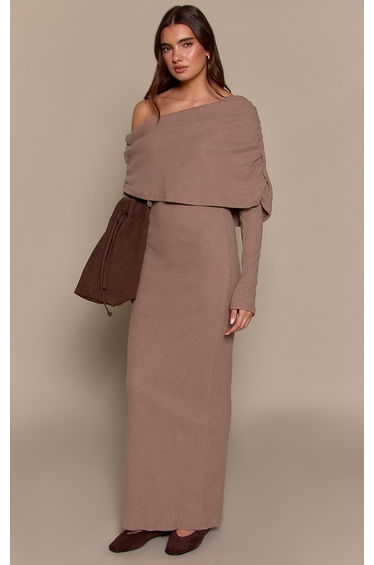Taupe Ribbed Bardot Oversized Fold Over Maxi Dress