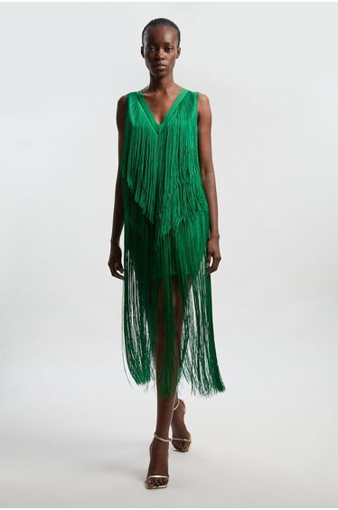 Fringe Bandage V Neck Knit Midi Dress