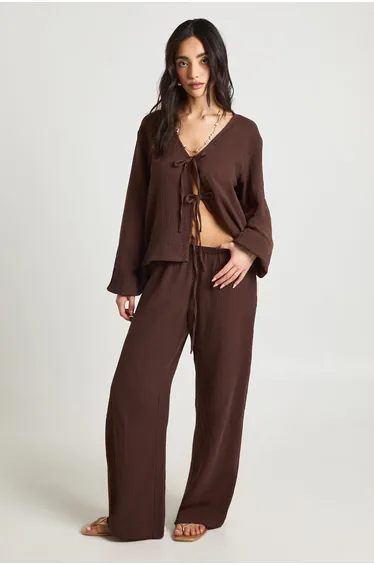 Cheesecloth Wide Leg Trousers - chocolate