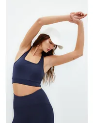 Dark Navy Blue Supported/Shaping Back Detailed Square Neck Sports Bra - 5