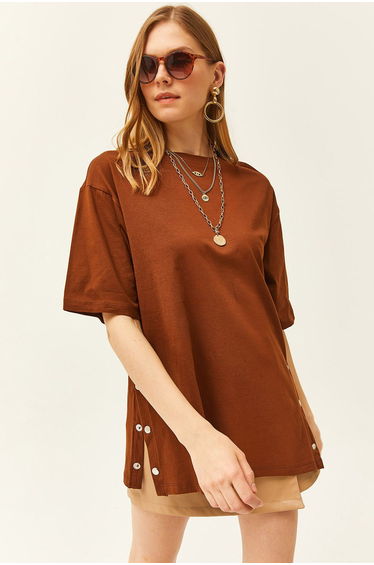 Women's Brown Buttoned Side Cotton T-Shirt