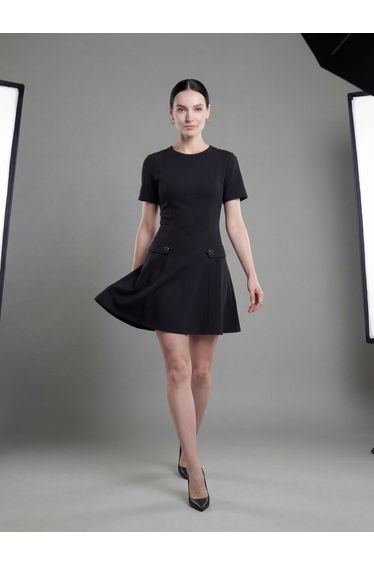 Black Short Sleeve A-Line Mini Dress