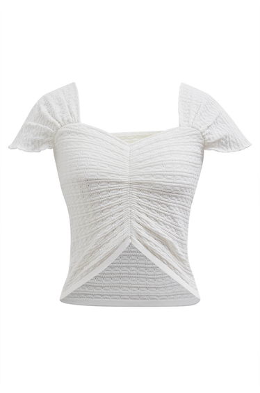 Sweetheart Neckline Shirred Crop Knit Top in White