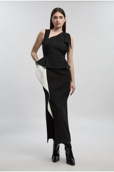 Compact Stretch Ruffle Peplum Belted Pencil Dress