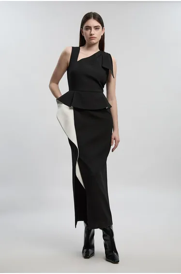 Compact Stretch Ruffle Peplum Belted Pencil Dress