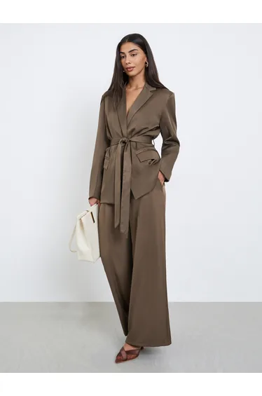Brown Wide Leg Fold Pleated Pants