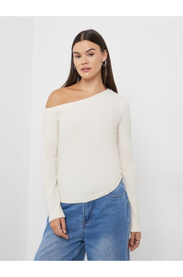 Cream Asymmetric Neck Knit Top