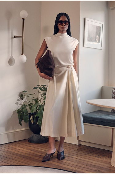 Cotton Utility Button Detail Midi Skirt