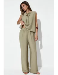 Viscose Blend Blouse with Tie Detail & Elastic Waist Pants Set - 1
