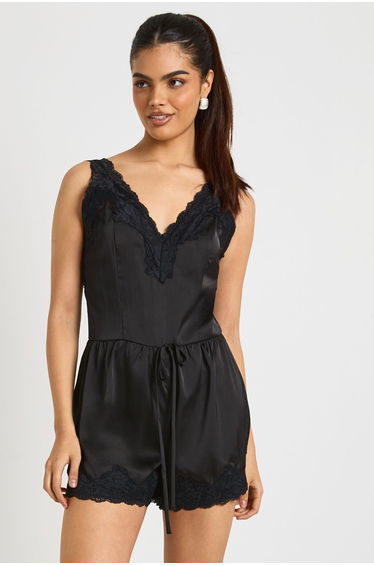 Lace Trim Satin Flippy Short Playsuit - black