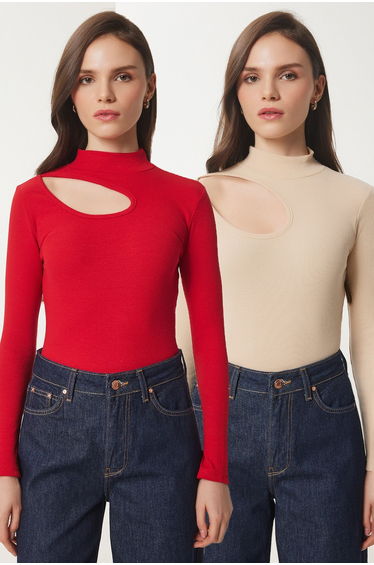 Women Red Cream 2-Pack Cut Out Detail Ribbed Knitted Blouse