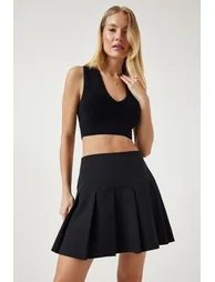 Women's Black Pleated Mini Woven Skirt - 2