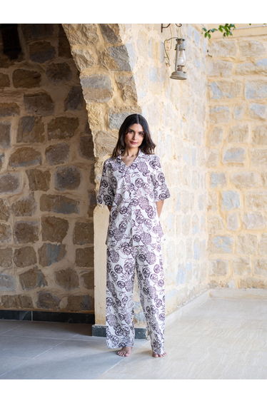 White Fruit Print Cotton Shirt and Pyjama Set