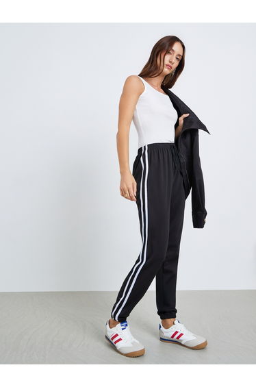 Women Black Striped Joggers with Drawstring