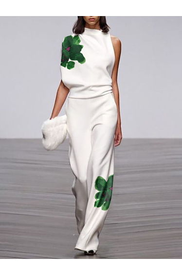 Loose Sleeveless Asymmetric Flower Print Mock Neck Vest Top