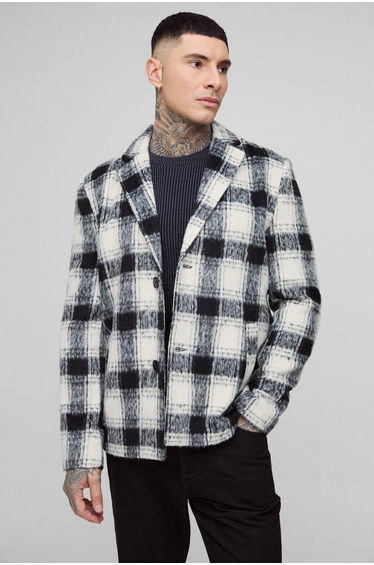 Tall Boxy Oversized Brushed Check Overcoat - black