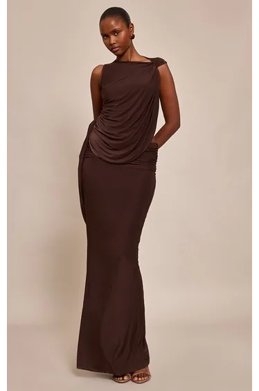 Chocolate Slinky Ruched Waist Maxi Skirt