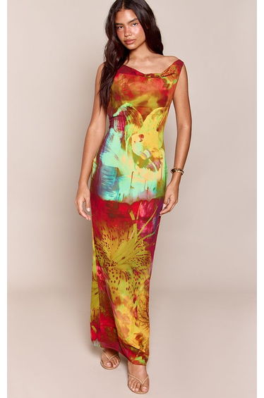 Multi Floral Abstract Printed Chiffon Bead Detail Open Back Maxi Dress