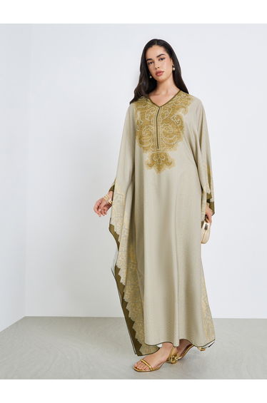 Women Khaki Printed Kaftan Abaya