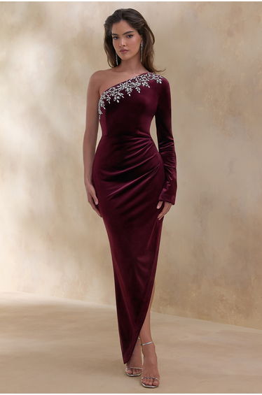 Nyssa | Burgundy Embellished Asymmetric-Neck Maxi Dress