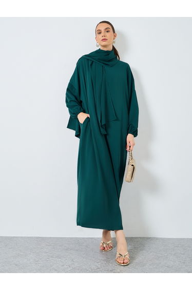 Green Volume Sleeves Abaya with Matching Scarf
