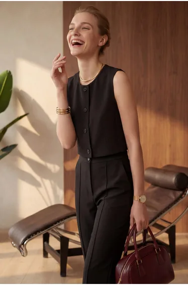 MY FASHION Crew Neck Crop Vest & High Waist Pants Two-Piece Set