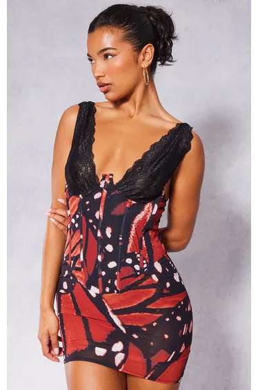 Burnt Orange Abstract Print Lace Cup Structured Corset Bodycon Dress
