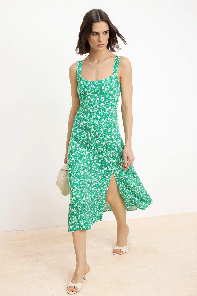 Green Floral Strappy Midi Woven Dress
