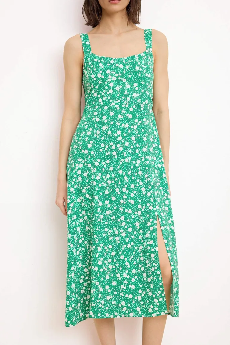 Green Floral Strappy Midi Woven Dress - 2