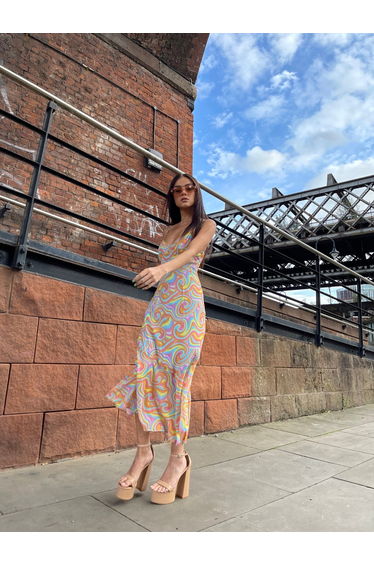 Rainbow Swirl Asymmetric Hanky Hem Midi-dress