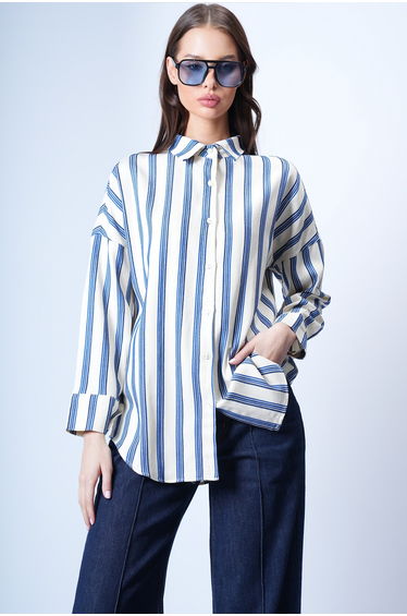 Women's Ecru-Navy Blue Oversized Striped Shirt