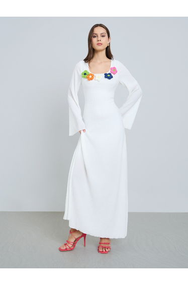White Textured Flower Corsage Maxi Dress