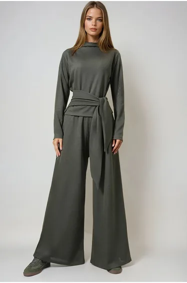 Women's khaki stand collar blouse with tie detail and double pocket pants set